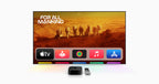 Apple TV streaming device shown with its remote control in front of a large TV screen displaying the Apple TV interface and the 'For All Mankind' show on a white background.