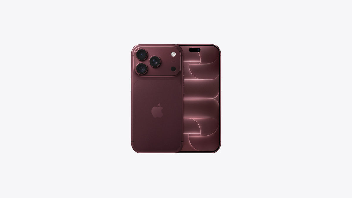 An Apple iPhone shown from the back in a deep plum or burgundy color, featuring a triple-camera system on the left and a subtle wave pattern on the right, set against a plain light gray background.