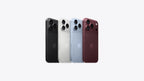 Four Apple iPhone back views shown side by side on a light gray background, in black, white, light blue, and dark red color options.
