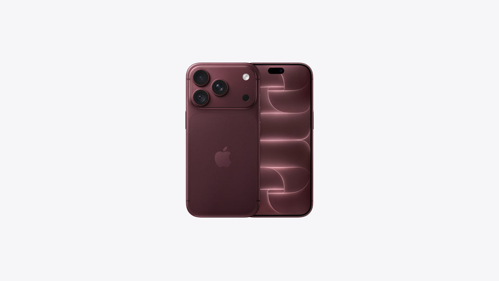 An Apple iPhone shown from the back in a deep plum or burgundy color, featuring a triple-camera system on the left and a subtle wave pattern on the right, set against a plain light gray background.