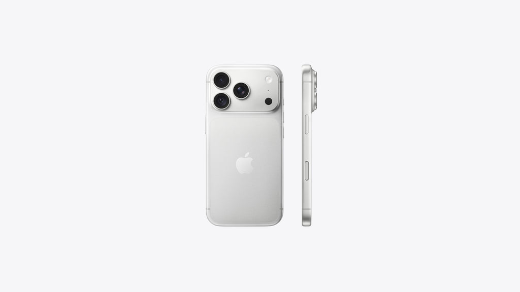 A silver Apple iPhone shown from the back and side on a clean, light gray background.