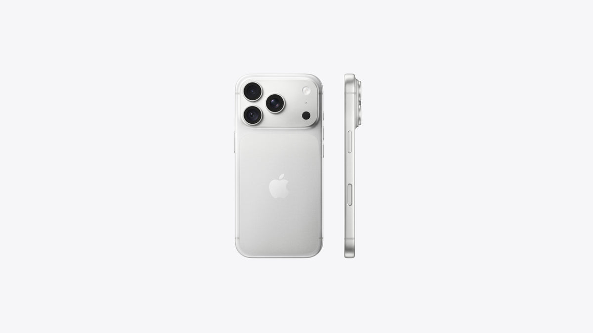 A silver Apple iPhone shown from the back and side on a clean, light gray background.