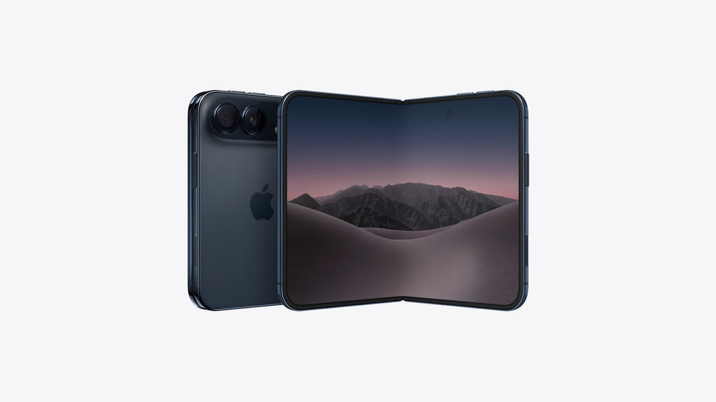 An Apple folding smartphone shown open with the screen on, displaying a mountain landscape wallpaper, alongside the closed back view of the same device on a light gray background.