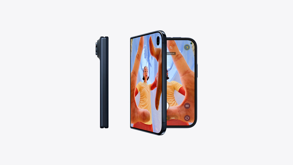 A dark blue flip-style smartphone shown from three angles: closed in side profile, open showing the back panel, and front-facing with the screen on. The screen displays a selfie-style photo with a person's legs stretching upward.