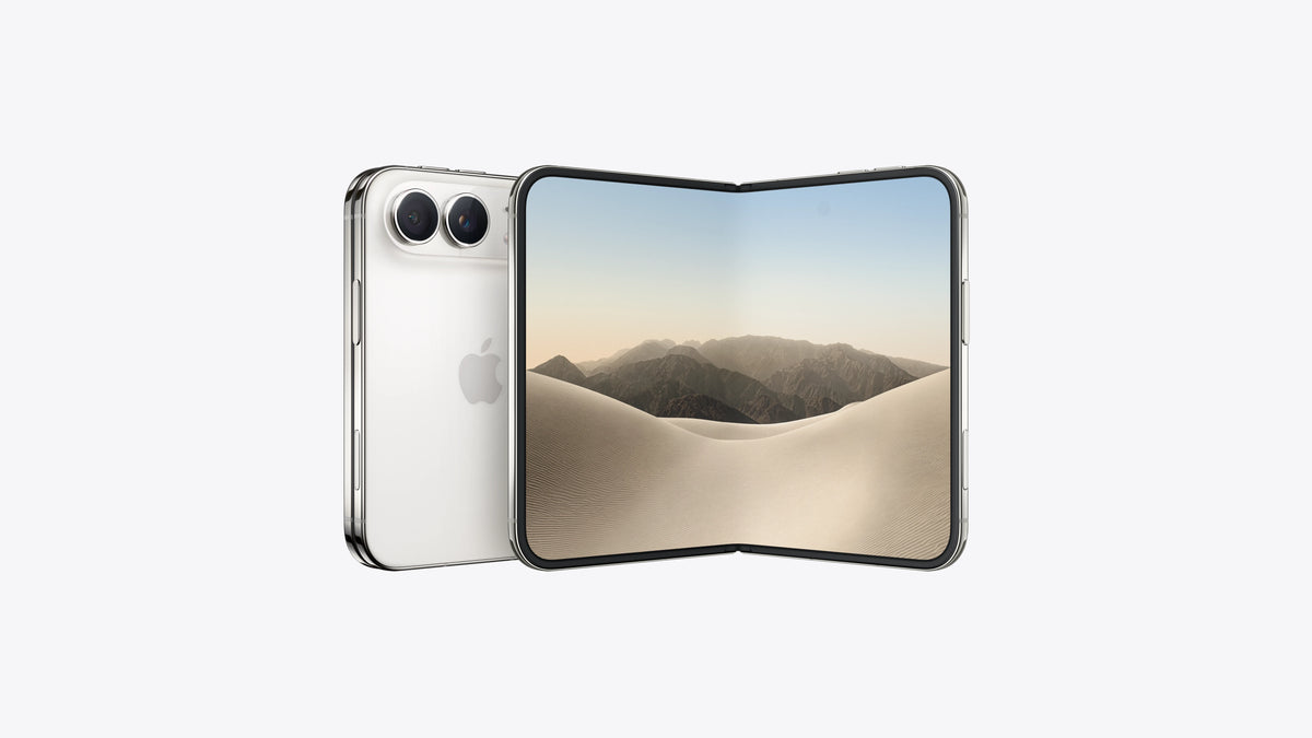 A silver Apple Magic Fold smartphone shown open with its screen on, displaying a desert landscape wallpaper, next to its closed back view on a light gray background.