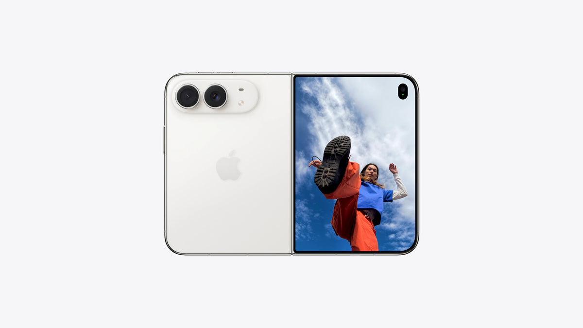 A silver Apple iPhone shown from the back and front against a light gray background. The front screen displays a colorful image of a person outdoors, while the back shows the Apple logo and dual camera lenses.