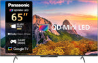Panasonic 65-inch QD-Mini LED TV shown on a black background, with a mountain landscape displayed on the screen and feature callouts including Glare Free Ultra, Dolby Vision-Atom, Game Mode, and Google TV.