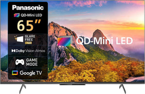 Panasonic 65-inch QD-Mini LED TV shown on a black background, with a mountain landscape displayed on the screen and feature callouts including Glare Free Ultra, Dolby Vision-Atom, Game Mode, and Google TV.