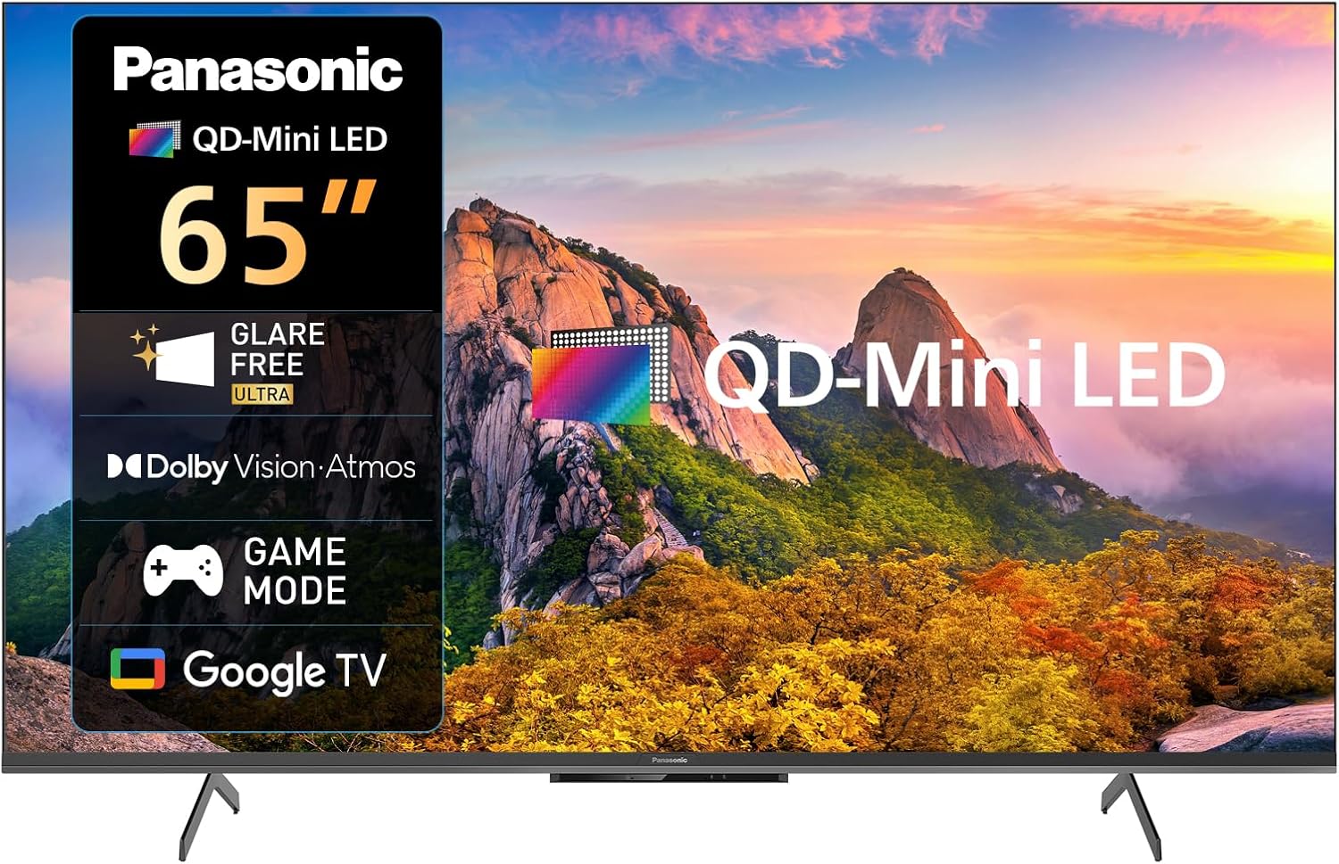 Panasonic 65-inch QD-Mini LED TV shown on a black background, with a mountain landscape displayed on the screen and feature callouts including Glare Free Ultra, Dolby Vision-Atom, Game Mode, and Google TV.