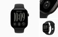 Black smartwatch with a rectangular rounded-corner display, shown in a three-panel layout. The main panel shows the watch face with the time 10:09 and fitness icons, while the top-right panel is a close-up of the side button and upper bezel, and the bottom-right panel shows the watch from a slightly different angle.