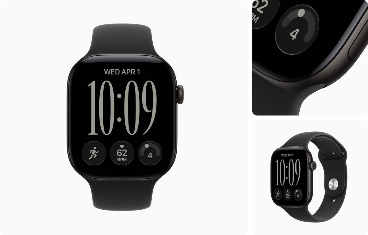 Black smartwatch with a rectangular rounded-corner display, shown in a three-panel layout. The main panel shows the watch face with the time 10:09 and fitness icons, while the top-right panel is a close-up of the side button and upper bezel, and the bottom-right panel shows the watch from a slightly different angle.