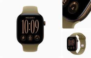 A smartwatch with a black rectangular display and an olive green sport band, shown on a clean white background with three inset detail views. The screen displays a digital watch face with gold-toned numerals and fitness icons.