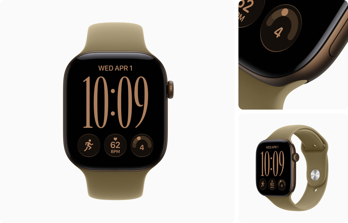 A smartwatch with a black rectangular display and an olive green sport band, shown on a clean white background with three inset detail views. The screen displays a digital watch face with gold-toned numerals and fitness icons.