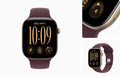 A smartwatch with a dark burgundy-purple sport band and a gold-toned case, shown on a light gray background with three inset detail views. The watch face is black with gold digital time and fitness icons.